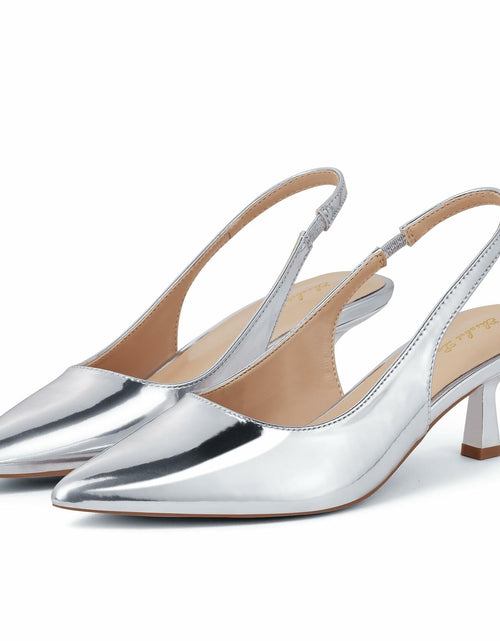 Load image into Gallery viewer, Elisabet Tang Women's Slingback Kitten Heels Silver Patent Size 7
