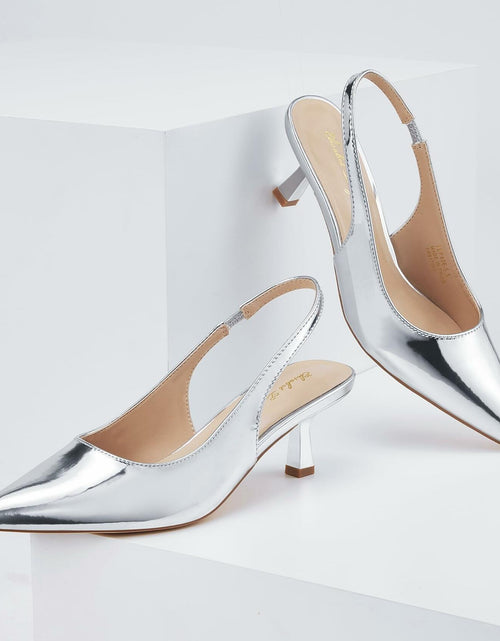 Load image into Gallery viewer, Elisabet Tang Women's Slingback Kitten Heels Silver Patent Size 7
