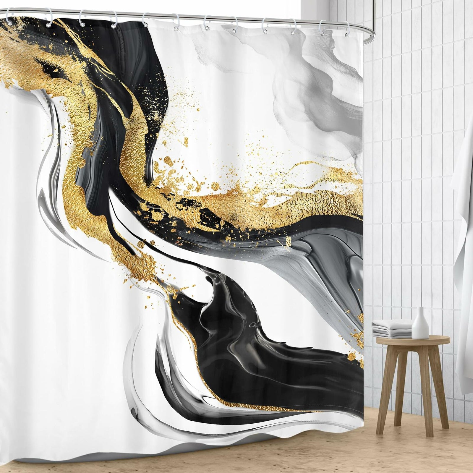 Omifly Marble Shower Curtain 72x72 Black White Gold with 12 Hooks