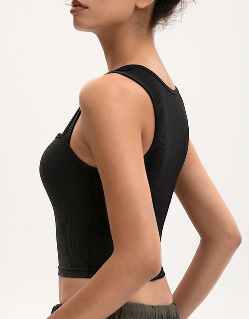 Load image into Gallery viewer, MOSSROZZ Crop Tank Top Black Ribbed Athletic Slim Fit Wide Strap Size L

