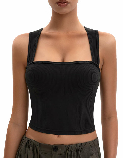 Load image into Gallery viewer, MOSSROZZ Crop Tank Top Black Ribbed Athletic Slim Fit Wide Strap Size L
