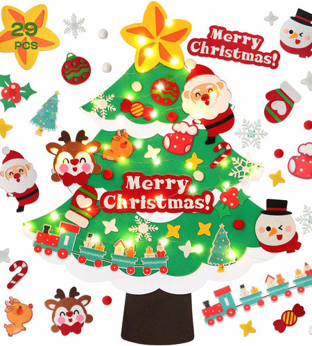 TOBEHIGHER 3Ft DIY Felt Christmas Tree with 29 Ornaments&String Light Snow Edge