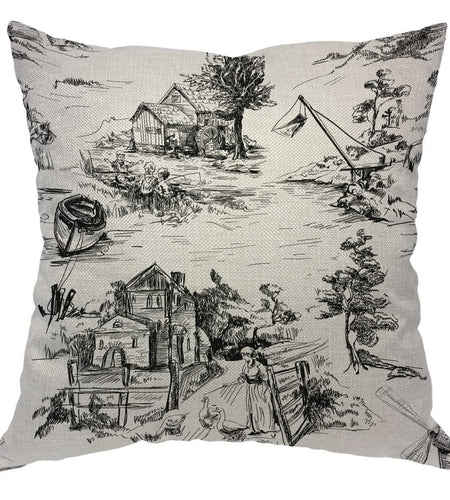 Zaueky Old Village Cotton Linen Pillow Case Black White 18x18 Inch