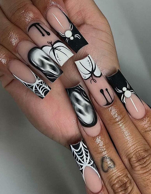 Load image into Gallery viewer, HPYFOI Halloween Press On Nails Long Coffin Black White Ghostface 24Pcs
