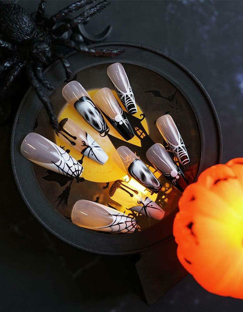 Load image into Gallery viewer, HPYFOI Halloween Press On Nails Long Coffin Black White Ghostface 24Pcs
