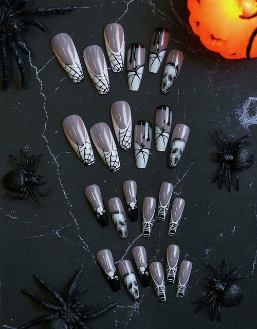 Load image into Gallery viewer, HPYFOI Halloween Press On Nails Long Coffin Black White Ghostface 24Pcs
