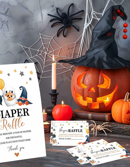 Load image into Gallery viewer, Senkiiv Baby Shower Games Halloween Diaper Raffle 1 Sign 50 Tickets
