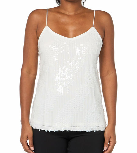 Anne Klein Missy Paillet Sequin Mesh V Neck Cami Bright White Size S