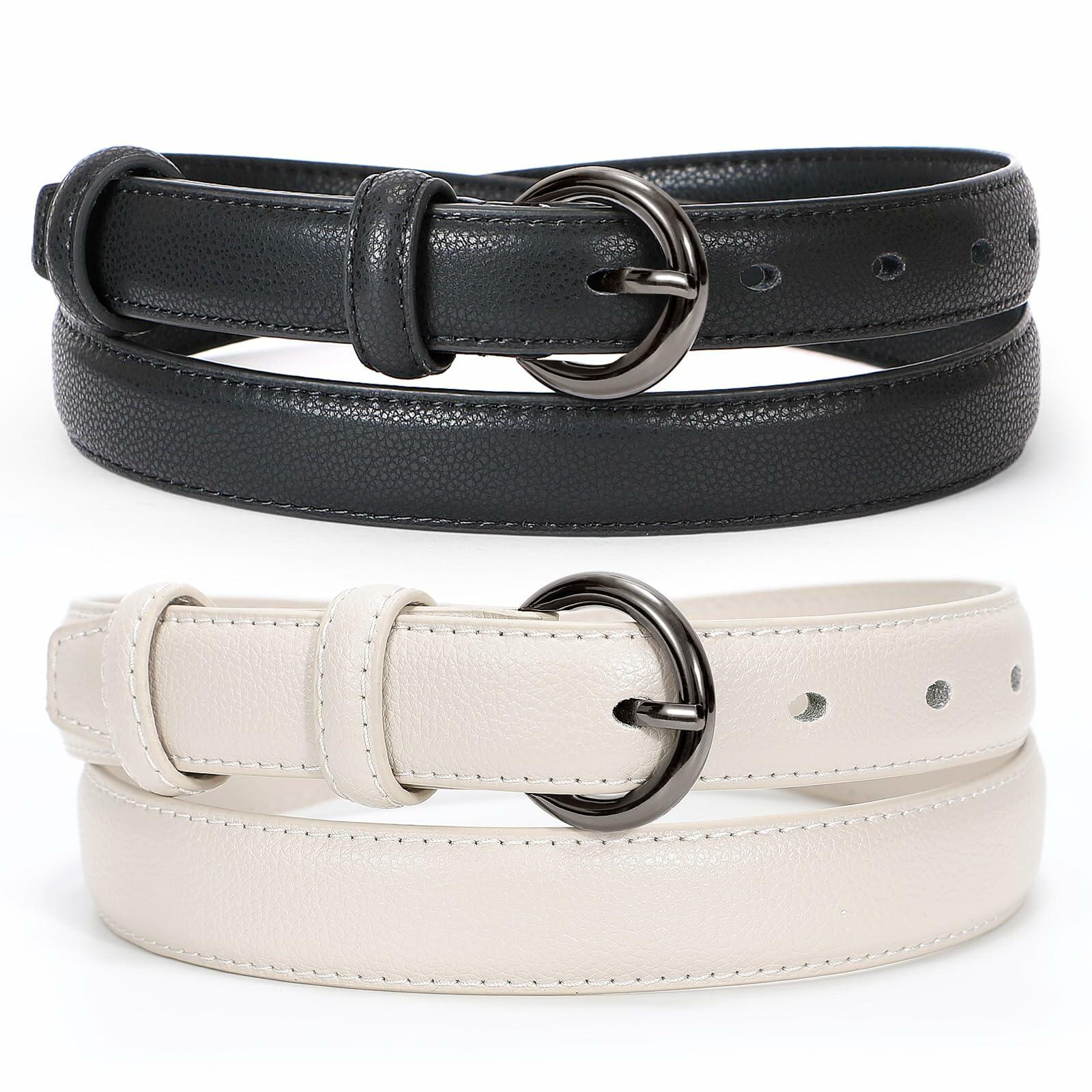 WERFORU Women Leather Skinny Dress Belts 2 Pack Gold Buckle Black Beige