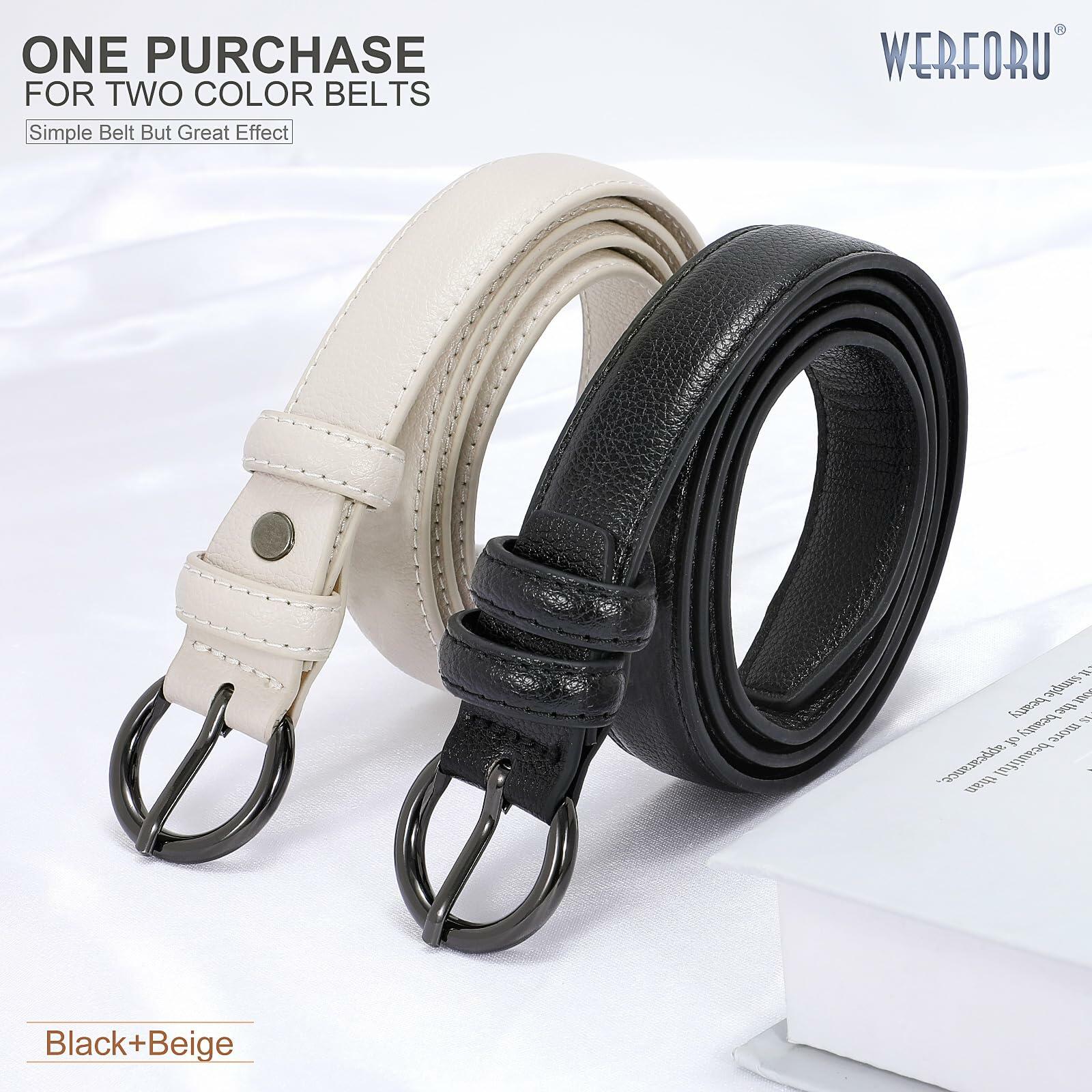 WERFORU Women Leather Skinny Dress Belts 2 Pack Gold Buckle Black Beige
