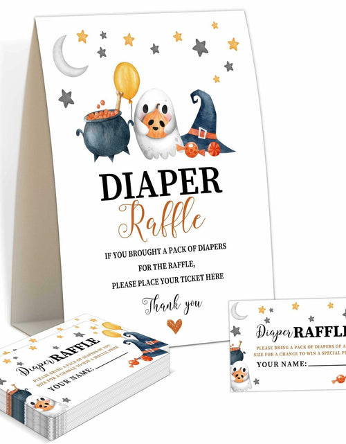 Load image into Gallery viewer, Senkiiv Baby Shower Games Halloween Diaper Raffle 1 Sign 50 Tickets
