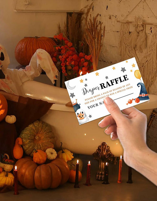 Load image into Gallery viewer, Senkiiv Baby Shower Games Halloween Diaper Raffle 1 Sign 50 Tickets
