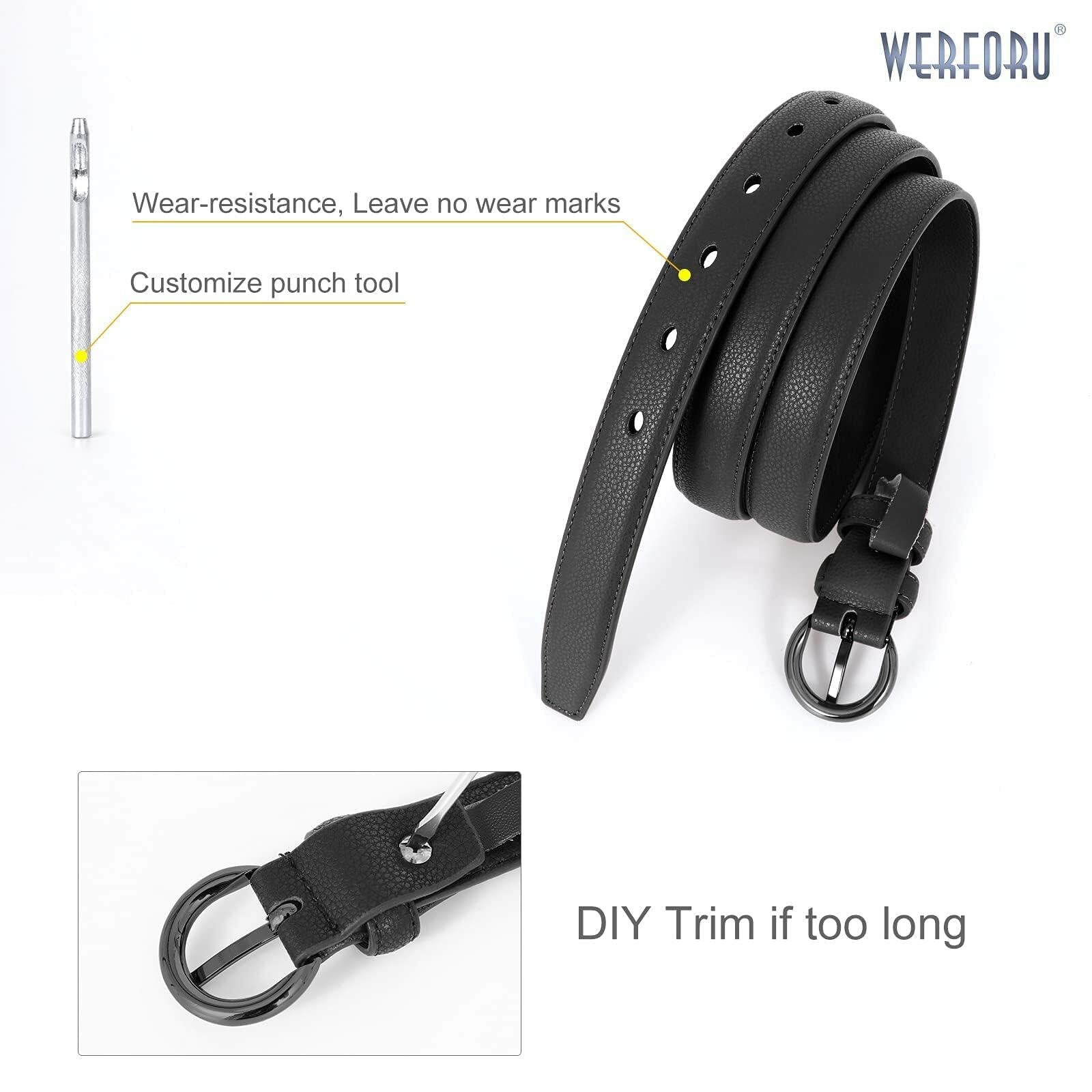 WERFORU Women Leather Skinny Dress Belts 2 Pack Gold Buckle Black Beige