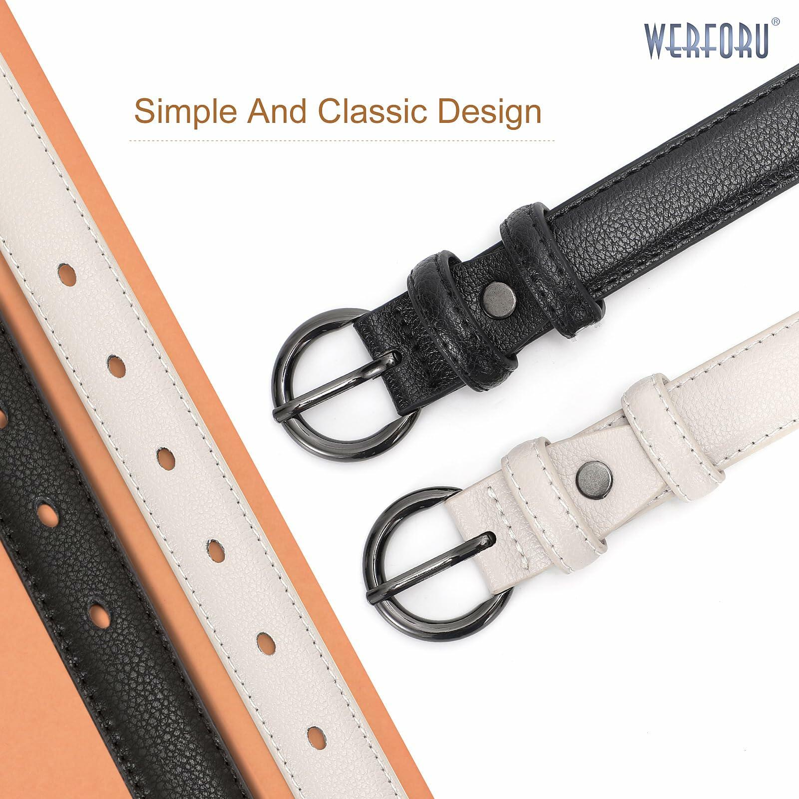 WERFORU Women Leather Skinny Dress Belts 2 Pack Gold Buckle Black Beige