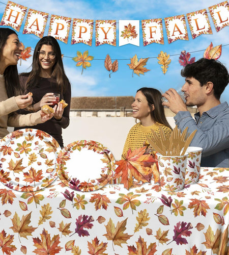 Guzbewu Fall Leaves Paper Plates Napkins Set 142pcs Orange White Autumn