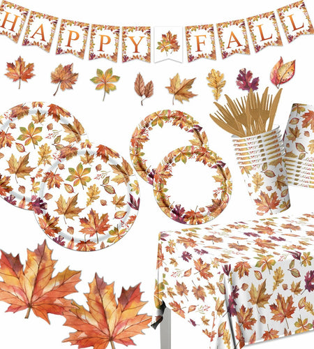 Guzbewu Fall Leaves Paper Plates Napkins Set 142pcs Orange White Autumn