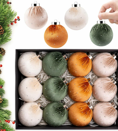 Meschett Velvet Ball Christmas Ornaments Set 12pcs 78mm Green Brown Neutral