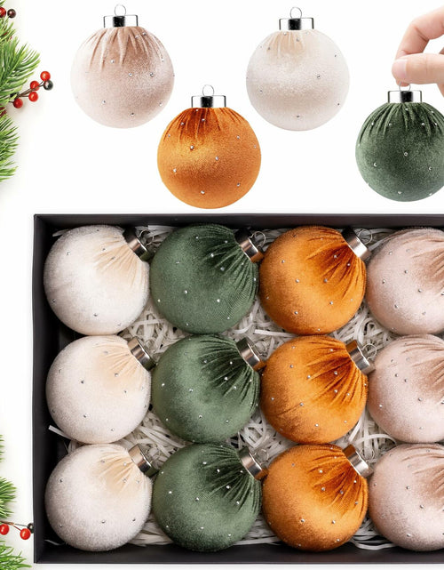 Load image into Gallery viewer, Meschett Velvet Ball Christmas Ornaments Set 12pcs 78mm Green Brown Neutral
