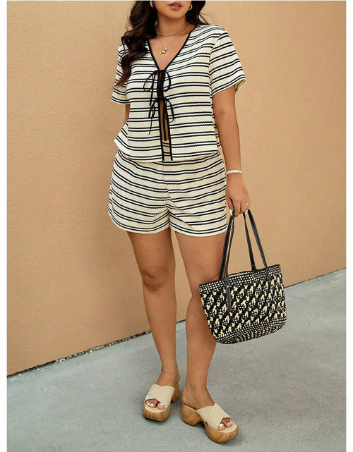 Load image into Gallery viewer, RoseSeek Women's Plus Size Striped Tie Front Top &amp; Shorts Set Black/White XXL
