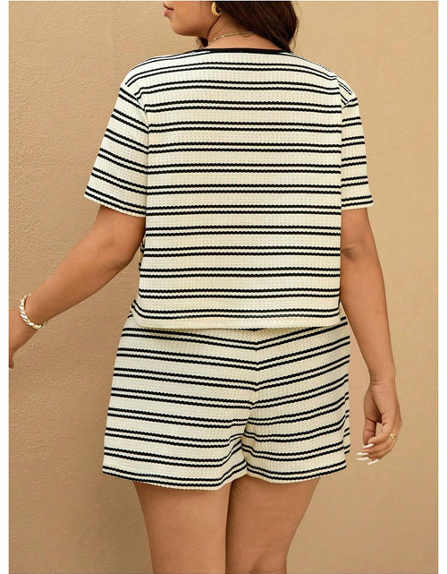 Load image into Gallery viewer, RoseSeek Women's Plus Size Striped Tie Front Top &amp; Shorts Set Black/White XXL
