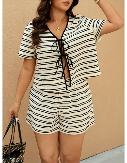 Load image into Gallery viewer, RoseSeek Women's Plus Size Striped Tie Front Top &amp; Shorts Set Black/White XXL
