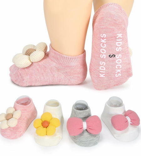Incolumitas Baby Girl Socks 4-Pack Low Cut Floral Non-Slip Grips Multicolor