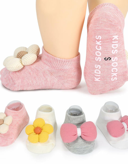 Load image into Gallery viewer, Incolumitas Baby Girl Socks 4-Pack Low Cut Floral Non-Slip Grips Multicolor
