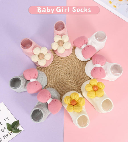 Incolumitas Baby Girl Socks 4-Pack Low Cut Floral Non-Slip Grips Multicolor