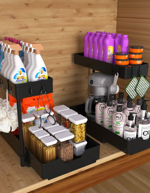 Load image into Gallery viewer, NATURE'S SOURCE 2 Pack 2 Tier Under Sink Organizer with 4 Hooks Black LIKE NEW
