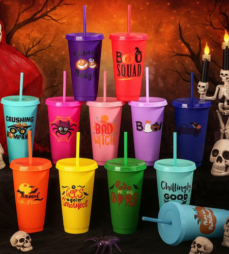 SiliFine 24oz Reusable Plastic Halloween Cups with Lid & Straw 24 Pcs