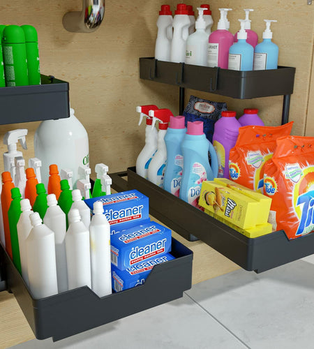 NATURE'S SOURCE 2 Pack 2 Tier Under Sink Organizer with 4 Hooks Black LIKE NEW