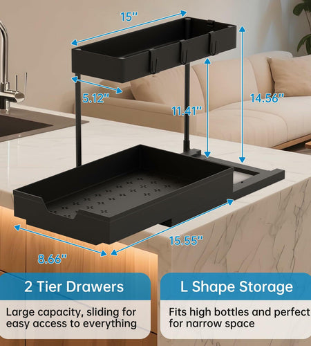 NATURE'S SOURCE 2 Pack 2 Tier Under Sink Organizer with 4 Hooks Black LIKE NEW