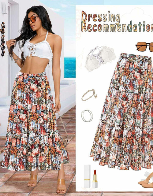 Load image into Gallery viewer, Wielsscca Women's Pleated Floral Chiffon Maxi Skirt Light Green Size L
