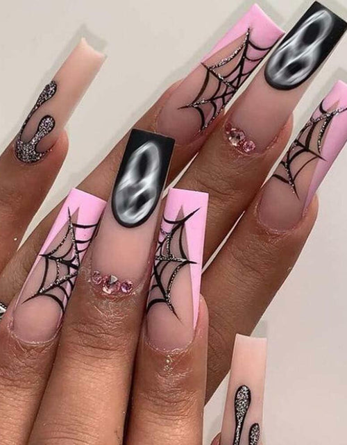 Load image into Gallery viewer, HPYFOI Halloween Press On Nails Long Coffin Matte Spider Web Ghost 24Pc
