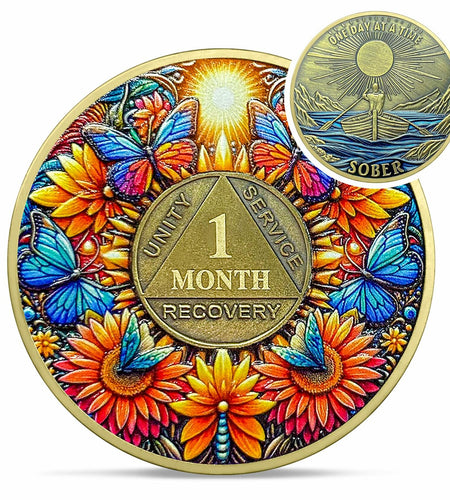 Sunflower 1 Year Sobriety Coin AA NA Recovery Medallion Butterfly Gift