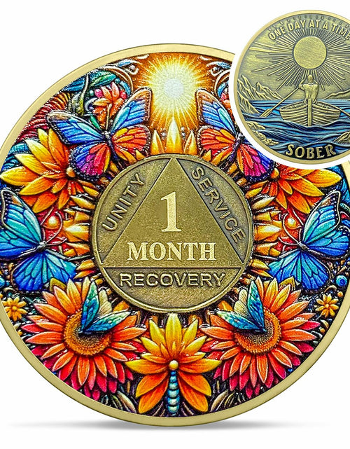 Load image into Gallery viewer, Sunflower 1 Year Sobriety Coin AA NA Recovery Medallion Butterfly Gift
