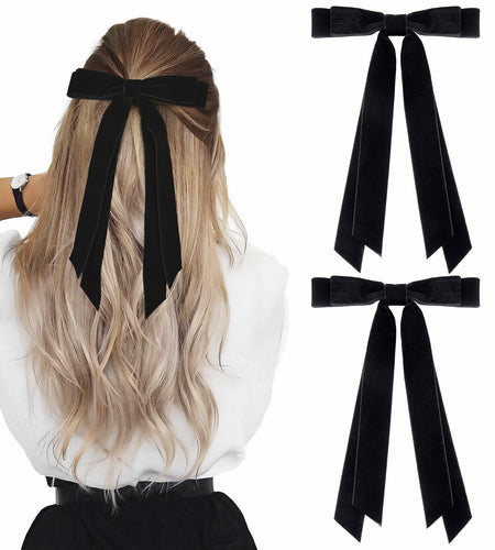 Aileam 2PCS Black Velvet Hair Bows Ribbon Clips Metal Ponytail Holder