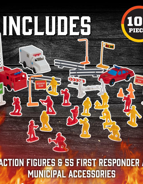 Load image into Gallery viewer, SCS Direct Firefighter Action Figure Playset 100pc Red Rescue Vehicles
