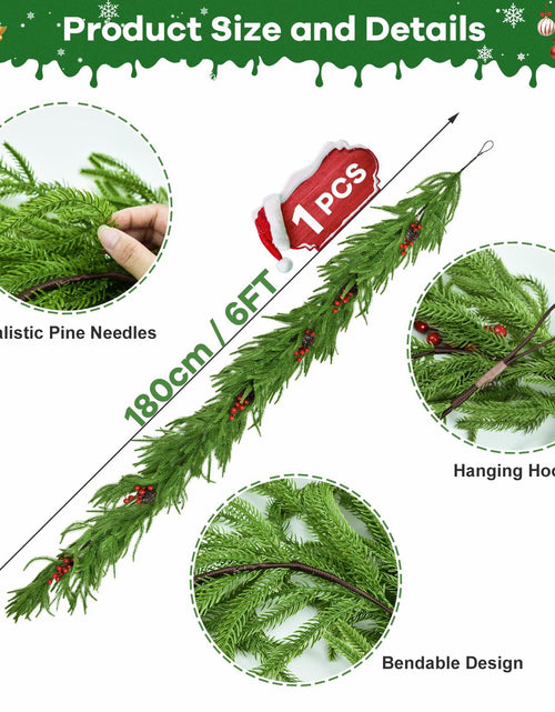 Load image into Gallery viewer, COAZEX 6FT Norfolk Pine Garland Real Touch Greenery with LED Lights Gold Ribbon
