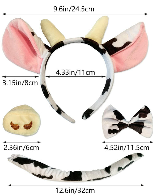 Load image into Gallery viewer, JIALWEN Cow Animal Costume Set 4Pcs Ears Nose Bowtie Tail Unisex White Size
