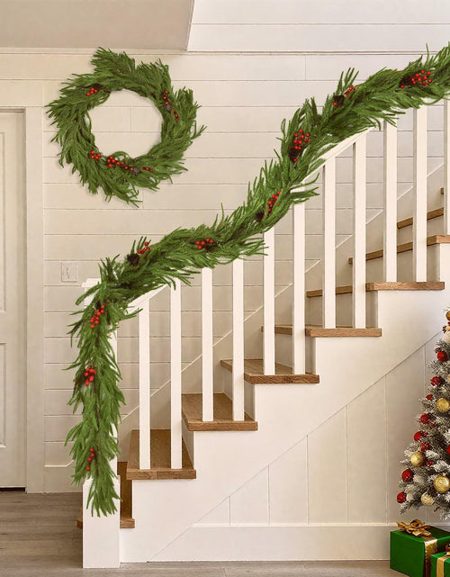 Load image into Gallery viewer, COAZEX 6FT Norfolk Pine Garland Real Touch Greenery with LED Lights Gold Ribbon
