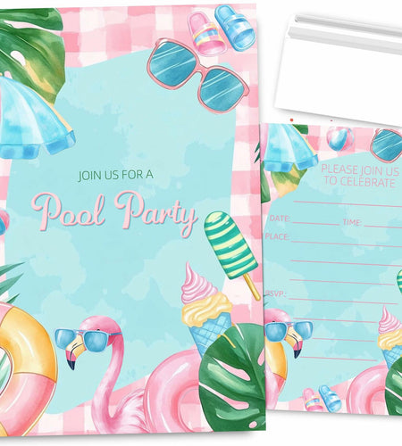VAVINCI Pool Party Birthday Invitations for Girls 30 Sets with Envelopes