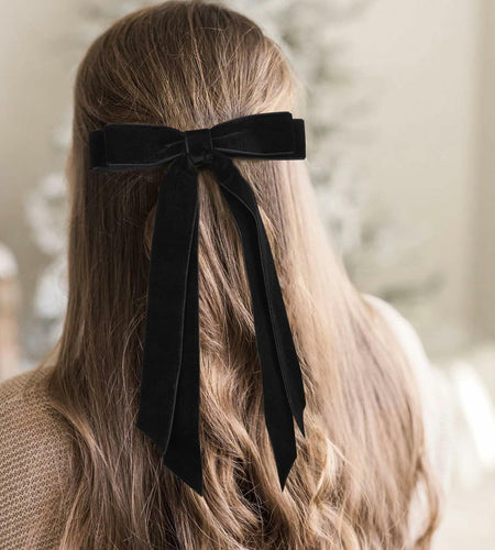 Aileam 2PCS Black Velvet Hair Bows Ribbon Clips Metal Ponytail Holder