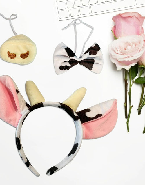 Load image into Gallery viewer, JIALWEN Cow Animal Costume Set 4Pcs Ears Nose Bowtie Tail Unisex White Size

