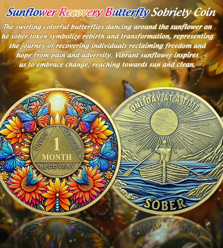 Sunflower 1 Year Sobriety Coin AA NA Recovery Medallion Butterfly Gift