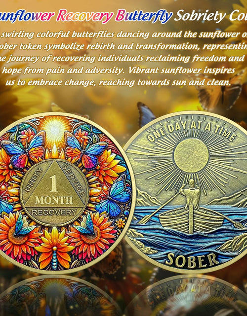Load image into Gallery viewer, Sunflower 1 Year Sobriety Coin AA NA Recovery Medallion Butterfly Gift

