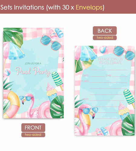 VAVINCI Pool Party Birthday Invitations for Girls 30 Sets with Envelopes