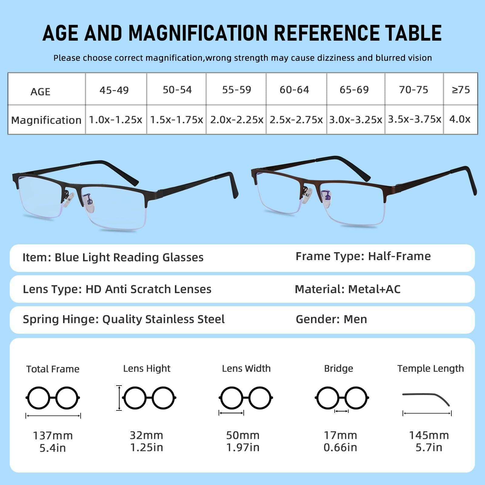 Anourney 3 Pack Mens Reading Glasses Metal Half Frame Blue Light +2.75