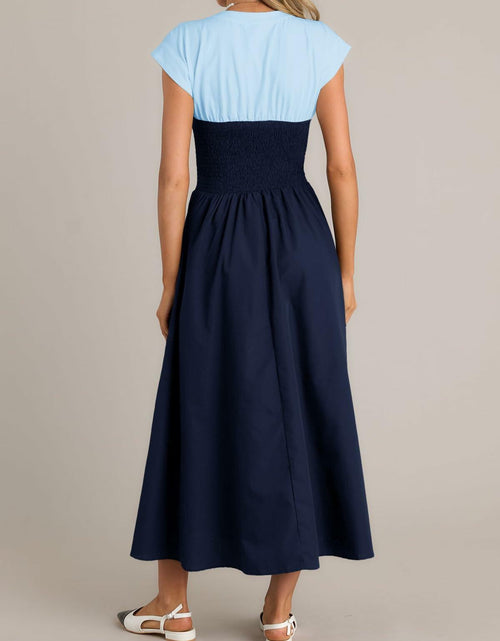 Load image into Gallery viewer, Wenrine Womens Casual Summer Midi Dress Smocked Cap Sleeve Navy Size S

