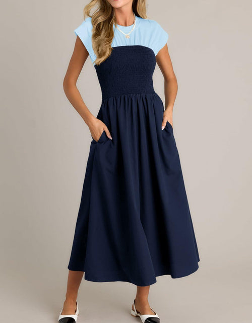 Load image into Gallery viewer, Wenrine Womens Casual Summer Midi Dress Smocked Cap Sleeve Navy Size S
